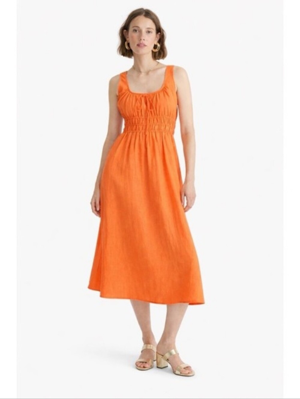 J.Crew Smocked Linen Midi Dress In Tangerine Size Medium